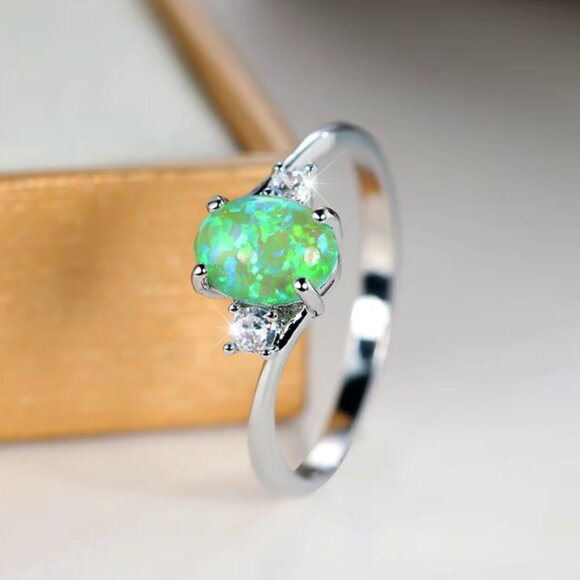 NEW 18k White Gold Green Fire Opal Diamond Ring Band - Picture 9 of 11